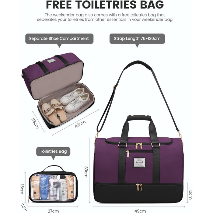 Спортивна сумка LOVEVOOK для подорожей: 37L, з культ. сумкою, відділенням для взуття та мокрих речей. Ідеальна для спортзалу, йоги, подорожей та авіаперельотів. Чорно-фіолетовий колір.