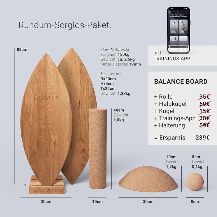 Балансборд з дуба, ручної роботи, FAVVITY® | Сертифікований FSC, з тренувальним додатком | Для дорослих та дітей