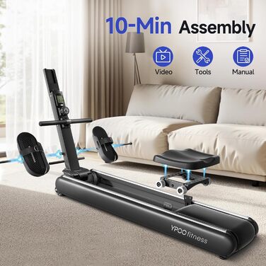 Магнітний тренажер для ходьби та греблі YPOO для дому, складаний з 16 рівнями навантаження, подвійною рейкою, LCD-дисплеєм та підтримкою додатка, чорний