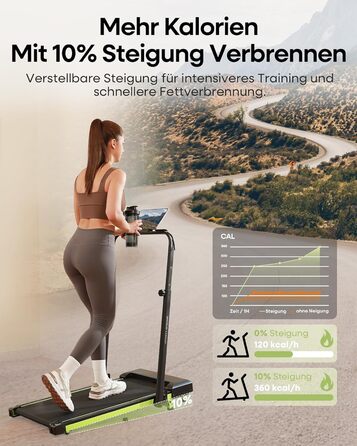 Бігова доріжка Walking Pad з нахилом 10%, 3.0 к.с., складна, для дому з магнітним пультом, LED-дисплеєм, висувними поручнями, 12 програм HIIT, до 136 кг, зелена