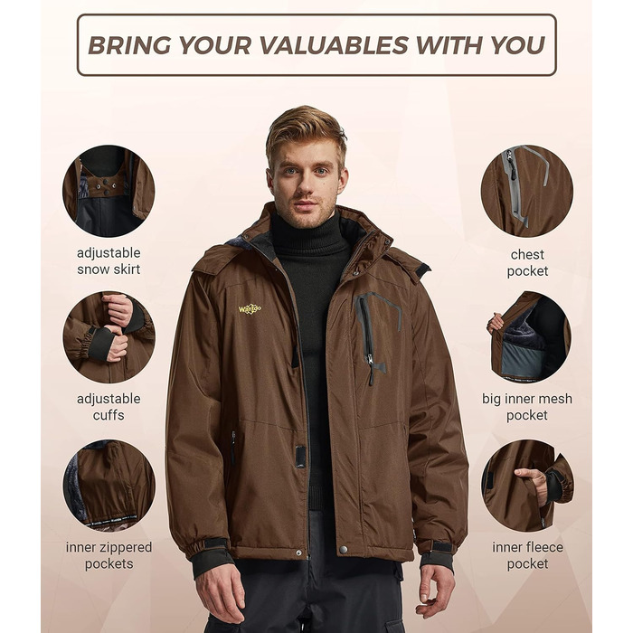 Чоловіча гірськолижна куртка Wantdo з флісовою підкладкою, водонепроникна та дихаюча, з капюшоном, вітрозахисна. Куртка Outdoor, кави, L