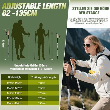 Телескопічні палиці для скандинавської ходьби Nordic Walking з корковими ручками, алюмінієві регульовані палиці для хайкінгу та прогулянок, 62–135 см, чорні (Upgrade 2025)