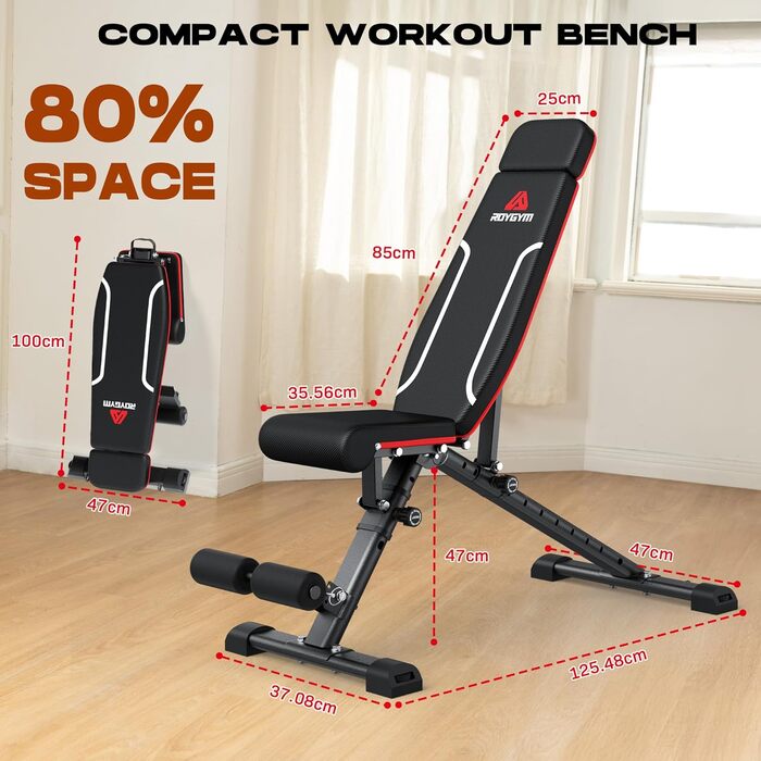 Складана лава для тренувань Roygym, багатофункціональна, з регульованою спинкою, для загальної фізичної підготовки, витримує до 400 кг (чорна з підголівником)