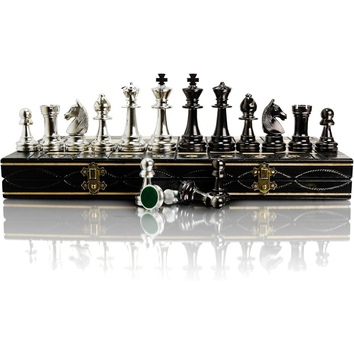 Шаховий набір Silber Staunton 40см, фігури з металізованого пластику, дерев'яна шахівниця
