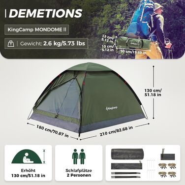 Намет KingCamp Mondome II для 2 осіб - водонепроникний, легкий, компактний, для кемпінгу, трекінгу та відпочинку на природі (зелений)