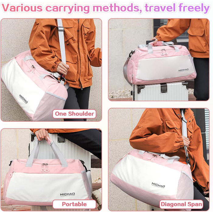 Спортивна сумка-рюкзак для подорожей: велика, водонепроникна, з відділенням для взуття та мокрих речей, для жінок та чоловіків (білий+рожевий)