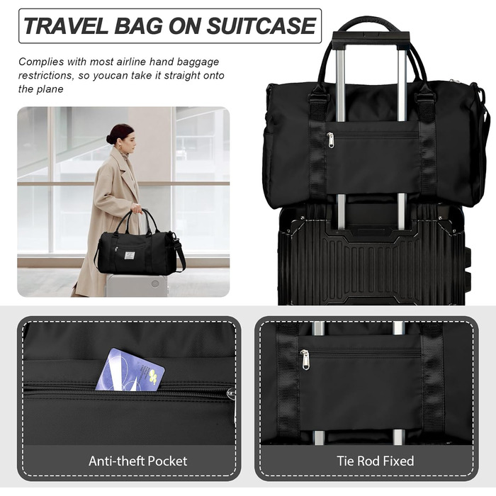 Спортивна сумка HYC00 для жінок та чоловіків, дорожня/гімнастична/йога сумка з відділенням для мокрого одягу та взуття, чорна