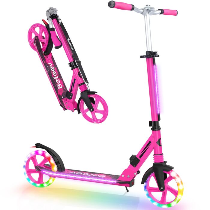 Самокат BELEEV Big Wheel з LED підсвічуванням, регульованою висотою, колесами 200мм, амортизацією та ременем для перенесення - рожевий (для дітей від 6 років, підлітків, дорослих)