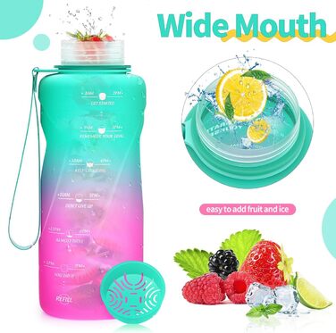 Дитяча спортивна пляшка для води 2л, 1.5л, 1л, 700мл, 500мл. Без витоку, з маркуванням часу. BPA Free Tritan для дівчаток та хлопчиків, школи, спортзалу. Смарагдово-фіолетовий колір.