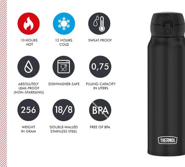 Термос-пляшка THERMOS Ultralight 750 мл чорна матова, з безпечною кришкою, тримає тепло 10 годин/холод 20 годин, нержавіюча сталь, без BPA, для води та напоїв, підходить для посудомийної машини