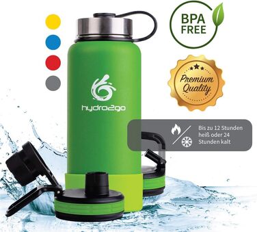 Гідрофляга hydro2go X-AlpsBottle 1 л, нержавіюча сталь, термос, вакуумна ізоляція, 3 кришки, для спорту та туризму, лаймова