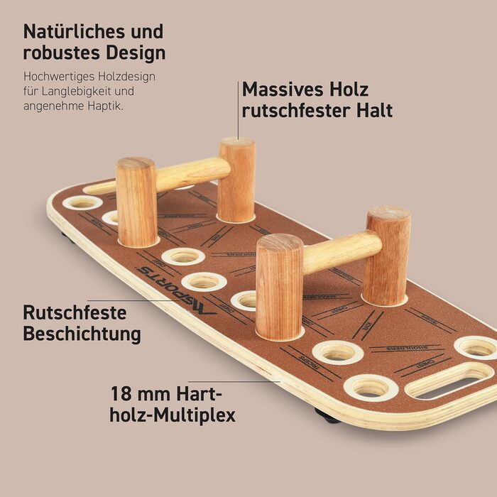 MSPORTS Push-Up Board Holz Premium: Дошка для віджимань з роликом – багатофункціональна дошка для тренування кора, балансу та сили – 15 положень, масивні ручки, антиковзаюча, обладнання для фітнесу для дому