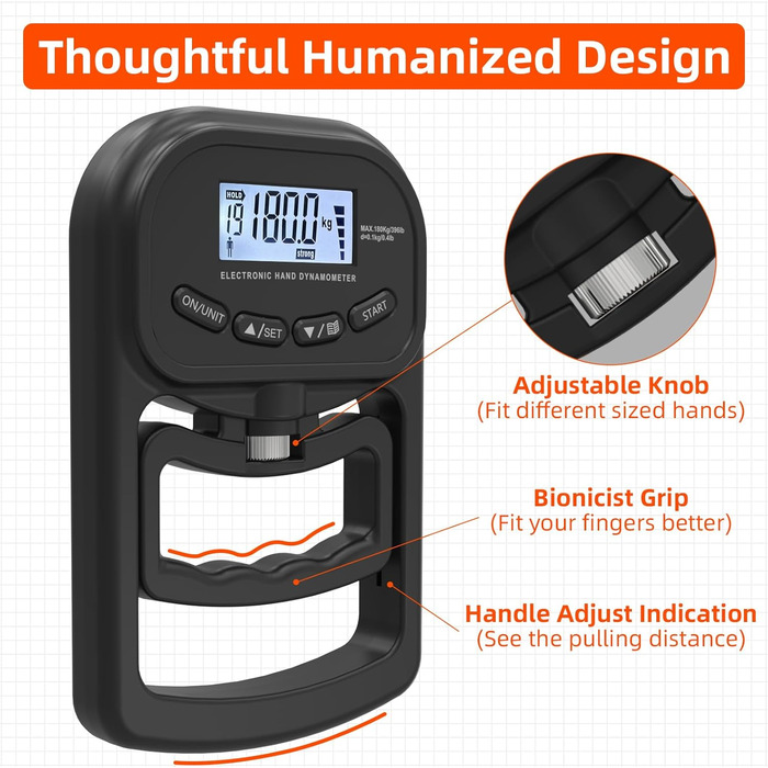 Електронний динамометр для вимірювання сили хвата Griffkrafttrainer, 180 кг, LCD-дисплей, регульований хват, чорний