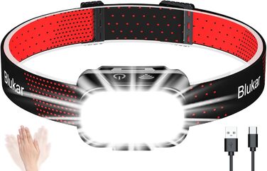 LED налобний ліхтар Blukar: перезарядна, надяскрава 2000L, регулювання яскравості, 5 режимів, датчик, червоне світло, водонепроникний, для кемпінгу, риболовлі та іншого. Чорний