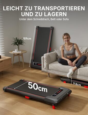 Біговий доріжка з нахилом 5%, компактна під стіл для дому та офісу, портативна бігове обладнання з LED дисплеєм, пульт дистанційного керування, вантажопідйомність 150 кг, 2.5HP, тихий двигун, чорний