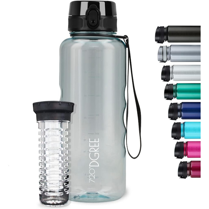 Пляшка для води 720°DGREE uberBottle 1,5 л з контейнером для фруктів, BPA-free, тританова, не протікає, для спорту, фітнесу, туризму, прозора, синя