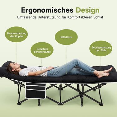 Розкладне ліжко Warmiehomy XXL з матрацом для дорослих, гостьове ліжко, широке та міцне, для кемпінгу, відпочинку, офісу, саду, сіре (чорне), з матрацом