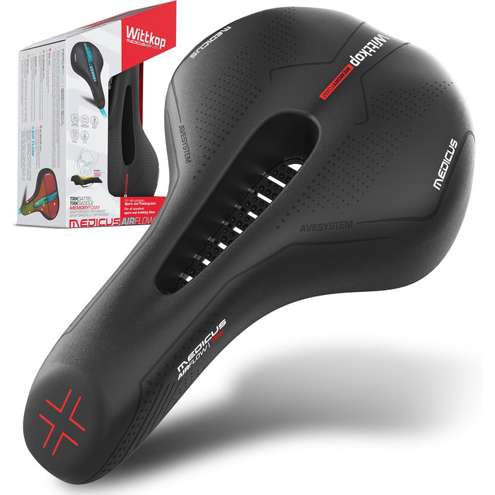 Велосипедне сідло WITTKOP з інноваційною системою 5 зон Medicus та ортопедичною піною Memory Foam. Зручне сідло для жінок та чоловіків. MTB, Trekking, City Trekking сідло
