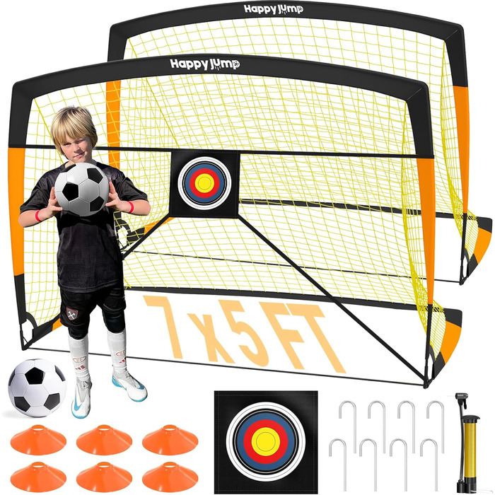 Ворота для футболу Happy Jump Pop-Up - складані для дітей та дорослих | 1 або 2 ворота: 120x90 / 152x110 / 213x152 см | З м'ячем, насосом, конусами та мішенню | Для саду та подарунка
