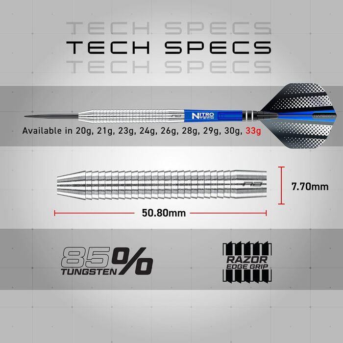 Професійні дартси Red Dragon Razor Edge 33 г, вольфрамові, сталевий наконечник, з оперенням і держателями, сріблясті