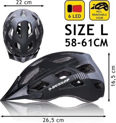 Велосипедний шолом Dunlop з LED-підсвіткою для жінок і чоловіків, розмір 55-58 см, чорний, 3 режими світла, регульований
