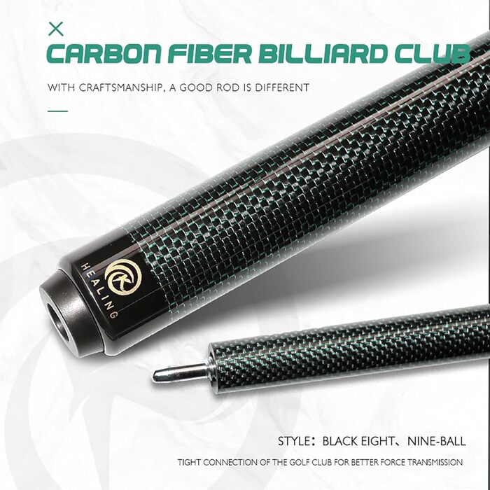 Кю Billardqueue KHEALING з карбону, 58 дюймів, 1/2-дюймова структура, 3-зубчастий з'єднувальний елемент, 12.4 мм наконечник, 540-567 г, для професійних гравців у більярд (зелений)