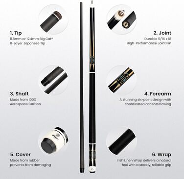 Більярдний кий Big Cat Carbon Gold Series GLD-2, карбоновий шафт Pro Taper 30,5 см, накінечник 12,4 мм, чорна ірландська лляна обмотка, 19oz