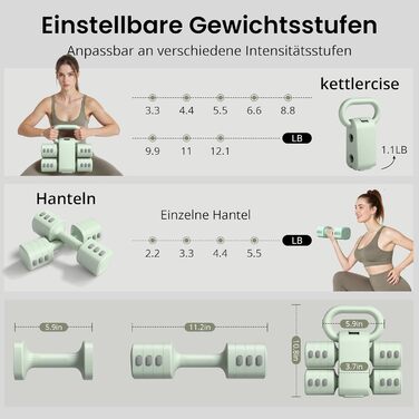 Регульований гантельний комплект 2-в-1 для жінок – 4 рівні (1-5,5 кг) – обладнання для фітнесу вдома, зелені гантелі