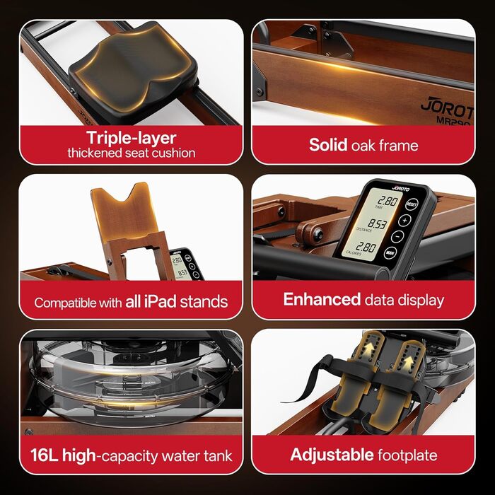 Гребний тренажер JOROTO для дому, дерев'яний, складаний | Bluetooth, сумісність з Kinomap | Макс. вага 150 кг, 16 л резервуар для води