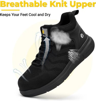 Черевики безпеки FitVille для чоловіків, X-широкі, з металевим носком, легкі, дихаючі, антипрокольні, протиковзкі, чорні, 47 EU