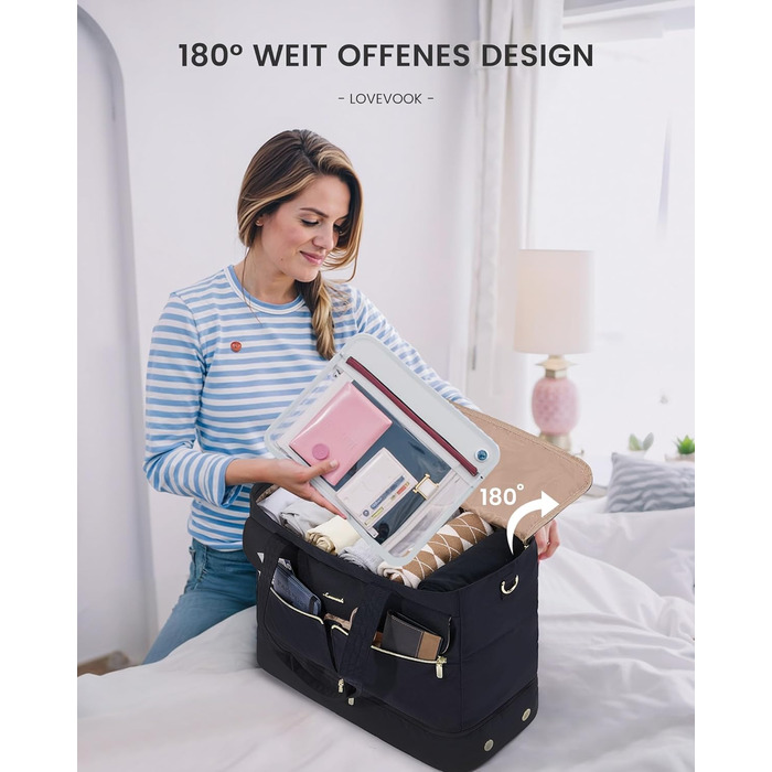 Сумка-трансформер LOVEVOOK для подорожей: 45л, для спорту, в аеропорт, пологовий будинок, з відділенням для взуття та мокрих речей (Чорний)