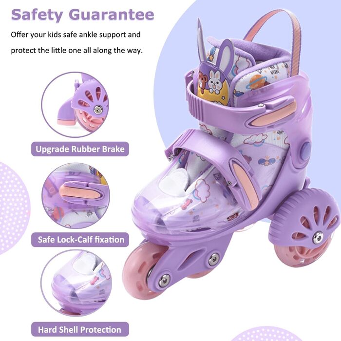 Роликові ковзани ERNAN для дітей, регульовані, для дівчаток та хлопчиків, безпечні, з великими колесами (фіолетовий)