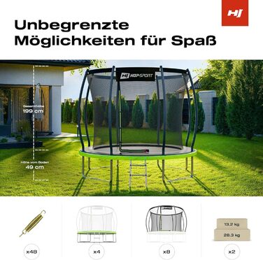 Трамплін Hop-Sport Outdoor – діаметр 244/305/366/427/488 см. Комплект з захисним сіткою, вигнутими ніжками та сертифікатами безпеки. З драбиною та захисним бордюром.