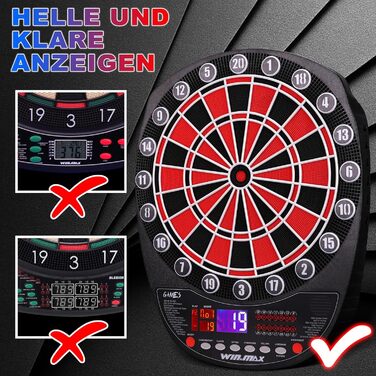 Електронний дартс WIN.MAX Profi Set: 34 гри, 354 варіанти, 3 мови (Deutsch, English, Français) + 12 дротиків