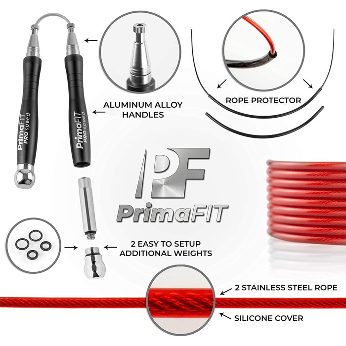Скакалка PrimaFIT для дорослих, професійна, 3 м, зі змінними вагами, 2 підшипники, нековзні ручки, для боксу, MMA, кросфіту, сталева, чорна, з сумкою