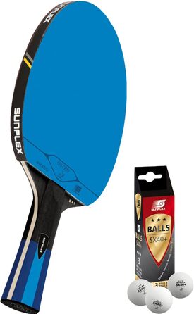 Sunflex Color COMP B45 професійна ракетка для настільного тенісу з синім ITTF сертифікованим покриттям, увігнута ручка, комплект з 3 м'ячами для професіоналів і клубів