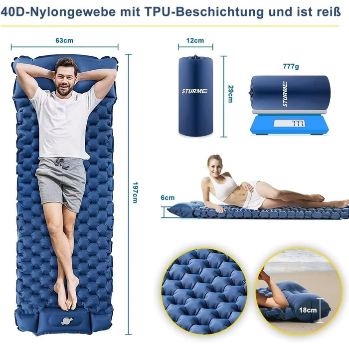 Надувний килимок для кемпінгу STURME з самонадуваванням та помпою, ультралегкий, для відпочинку на природі, 1 особа, блакитний