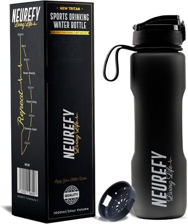 Спортивна пляшка NEUREFY 1 л чорна матова, Tritan, BPA-free, з носиком, для води, з фільтром, індикатором об'єму, для фітнесу, офісу, школи, університету, герметична