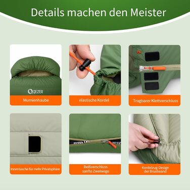 Сплячий мішок XXL з пуху на 3-4 сезони, 230x100 см, для дорослих, кемпінг, трекінг, подорожі (зелений)