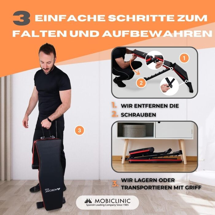 Складана лавка для фітнесу Mobiclinic Flexfit, регульована спинка і сидіння, до 200 кг, для домашнього тренування, європейський бренд, багатофункціональна