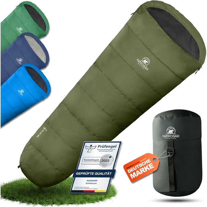 Сплячий мішок NORDBÄR® 3 сезони/літо, ультралегкий [750г/1500г] | Спальний мішок-кокон для кемпінгу | Компактний | Для подорожей, туризму, гірських хат | Літній спальний мішок, зелений (оливковий)