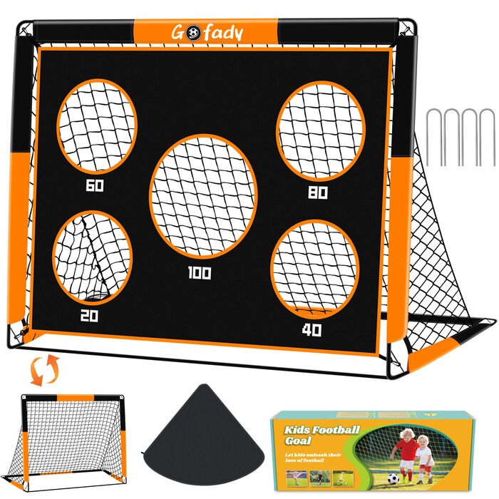Дитячі воріта для футболу 2-в-1, 150х120 см, портативні та стабільні, з 5 зонами для забивання, 4 кілочки для кріплення та сумка для перенесення, для саду, парку, пляжу, оранжеві