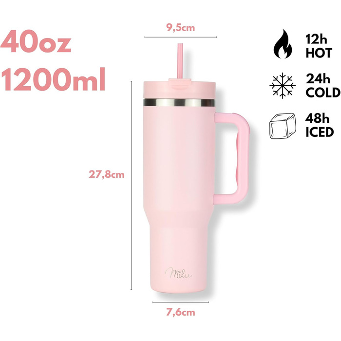 Термокружка Milu 1200 мл Blossom Pink з соломинкою та ручкою. Ізотермічна пляшка з нержавіючої сталі для напоїв (гарячі/холодні)