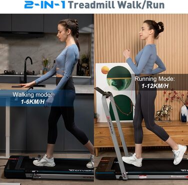 CITYSPORTS Складне електричне бігове полотно WP3 з підлокітниками, Bluetooth та аварійною зупинкою, швидкість до 12 км/год, чорно-синій колір