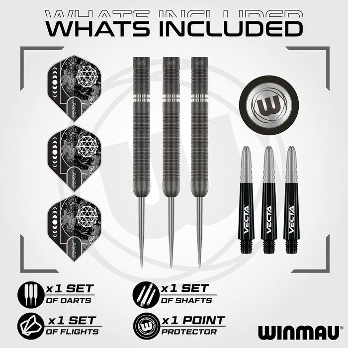 Професійний дартс-набір WINMAU Callisto 90% вольфрам, сталевий наконечник, 3 комплектації, ваги 22-26 г, з оперенням та стрижнями