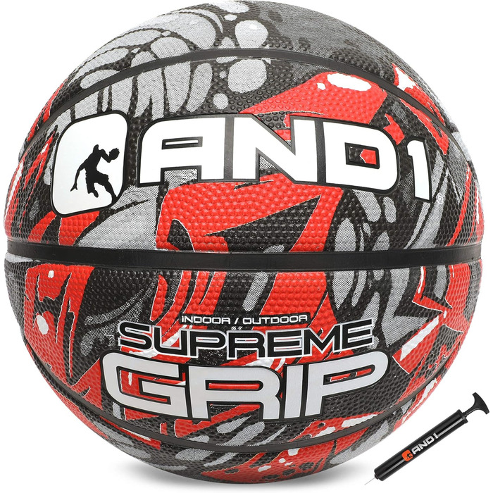 Баскетбольний м’яч AND1 Supreme Grip, розмір 7, гумовий, для вулиці та залу, глибокі канали, з помпою, червоно-сірий