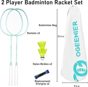 Набір для бадмінтона OGEENIER: 2 ракетки, 2 ручки, 2 волани, 1 ракетка з сумкою (зелений, 3 1/4 дюйма)