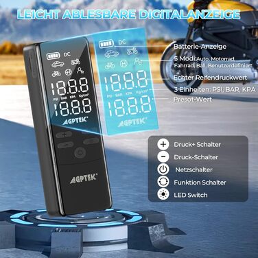 AGPTEK електричний насос-компресор 150PSI 75000mAh 12В з LCD-дисплеєм, LED-підсвіткою, для шин авто, велосипедів, мотоциклів і м'ячів