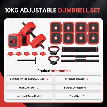 Набір гантелей JOROTO 10-30 кг 4-в-1: гантелі, штанга, гиря та бруси для фітнесу вдома. Підходить для силових тренувань та загальної фізичної підготовки.