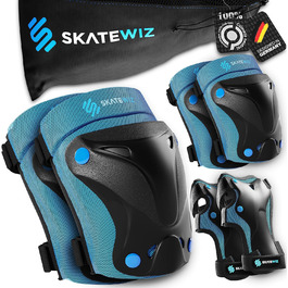 Дитячий захисний комплект SKATEWIZ 6 в 1: наколінники, налокітники, захист для зап'ясть, синій, для роликів, регульований розмір M, для дітей і дорослих